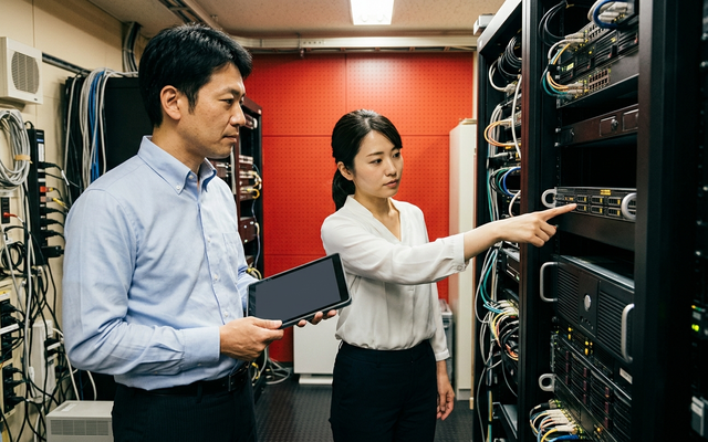 サーバールームで機器を確認する担当者