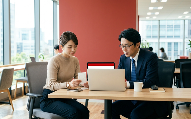 領収書とノートパソコンを見ながら経費精算システムの導入を検討する日本人の担当者