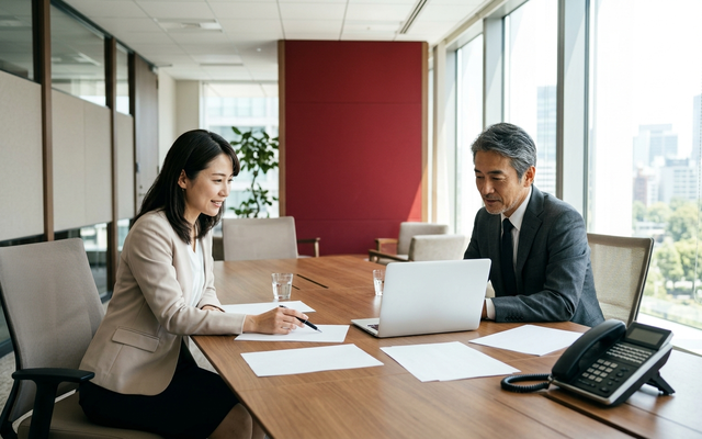 日本人の経営者と担当者が相見積りを比較検討している様子