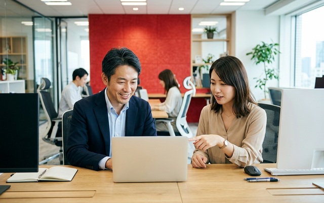 Microsoft 365とCopilotの契約形態をノートPCで比較検討する日本人の社員2名
