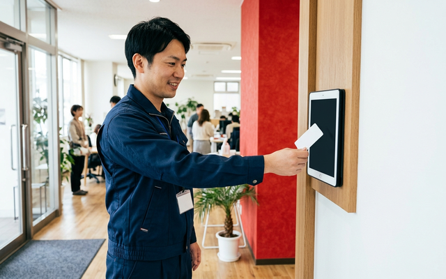 職場の入口に設置したタブレットにICカードをかざしてジンジャー勤怠で打刻する社員