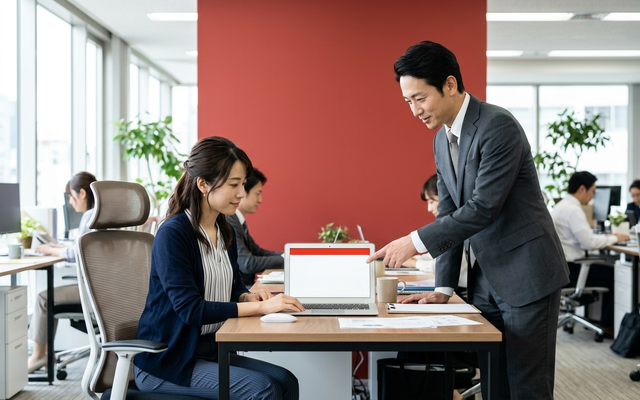 給与計算ソフトの画面を確認しながら導入を進める日本人の担当者