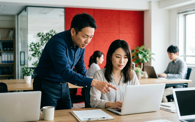 中小企業の担当者がMicrosoft 365の管理画面でセキュリティ設定を確認する様子
