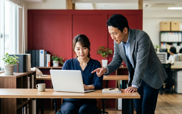 情報システム担当者と総務担当者がノートパソコンでMicrosoft 365 管理センターの画面を確認している様子