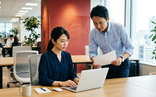 楽楽明細の料金と請求書発行の運用をオフィスで確認する日本人の経理担当者