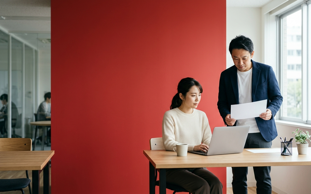 楽楽請求の導入検討で受領件数と承認フローをオフィスで確認する日本人の経理担当者