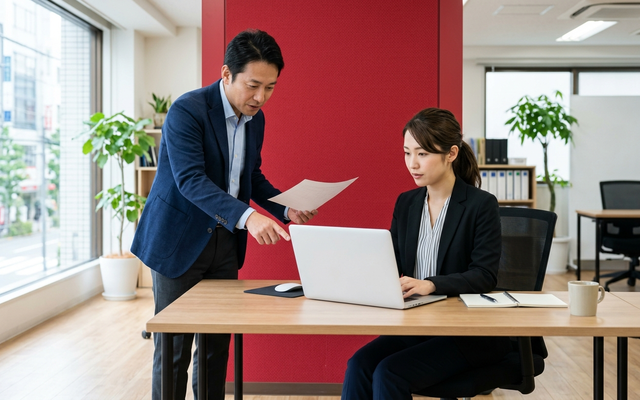 給与担当者と管理者が給与システムの設定を確認している様子