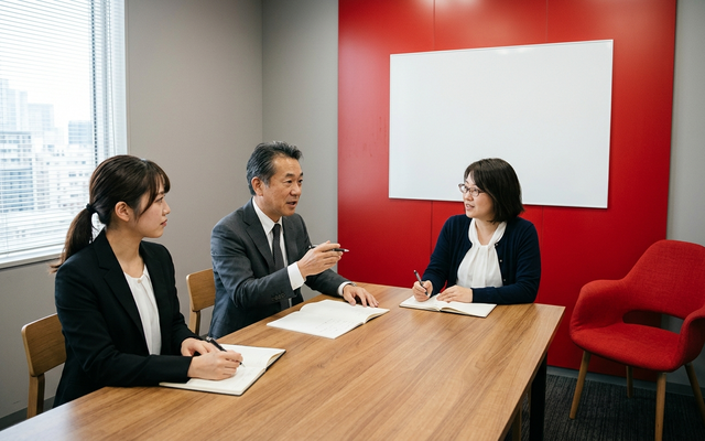 会議室でAI導入の進め方を話し合う日本人の社員3名