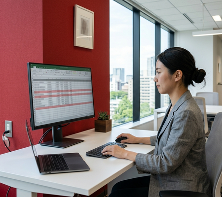 スプレッドシートの重複行を赤く色付けして確認する日本人女性