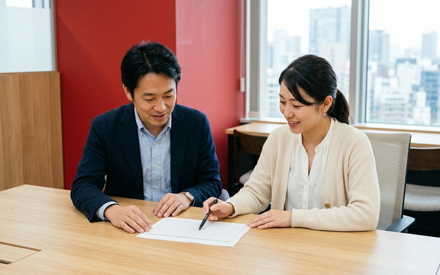 顧客リストの重複をノートPCで一緒に確認する日本人の男女