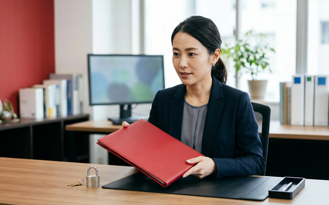 人事資料など見せる相手を限る資料を管理する日本人女性