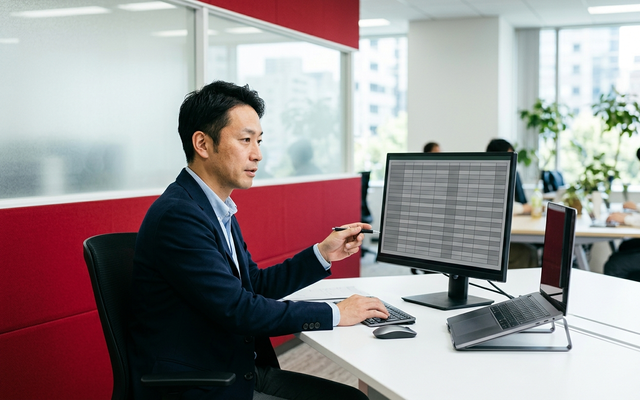 オフィスでノートPCのスプレッドシートを確認する日本人のビジネスパーソン