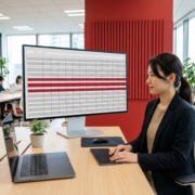 日本人の女性社員が大型モニターでスプレッドシートの抽出結果を確認している様子