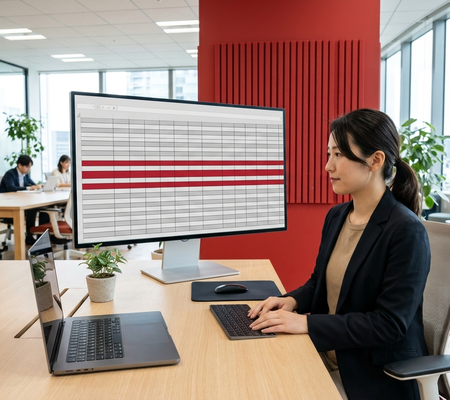 日本人の女性社員が大型モニターでスプレッドシートの抽出結果を確認している様子