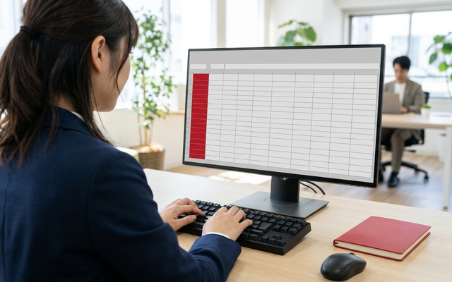 日本人の女性社員がデスクトップのモニターで売上表を確認しているオフィスの様子