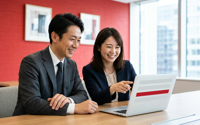 会議室で日本人の男女2名がノートパソコンの画面を見ながら案件一覧を確認している様子
