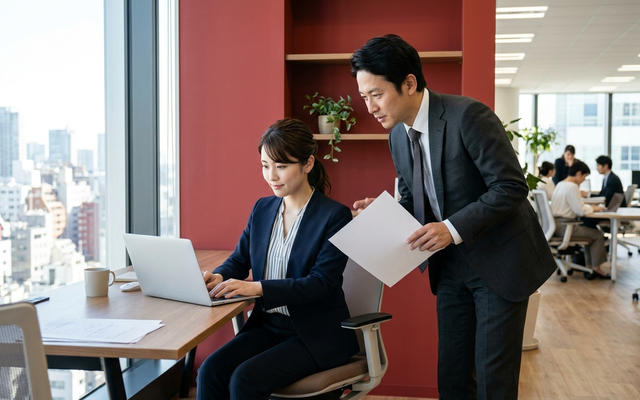 日本人の社員2名がノートPCで電子契約サービスの料金を確認している様子