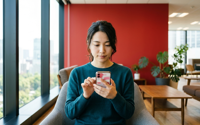 スマートフォンで条件分岐のあるアンケートに回答する日本人女性