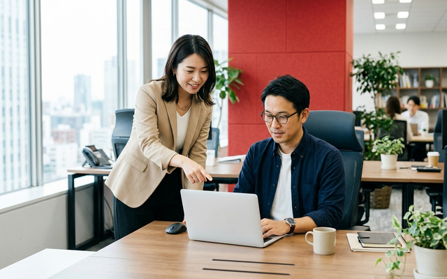 日本人の社員2名がノートPCでグループウェアの導入を検討している様子