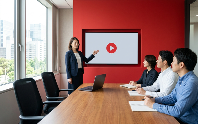 会議室でGoogleスライドの動画を再生してプレゼンする様子