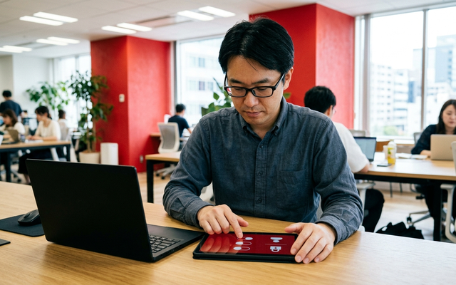 情シス担当者がタブレットで動画の共有設定を確認する様子