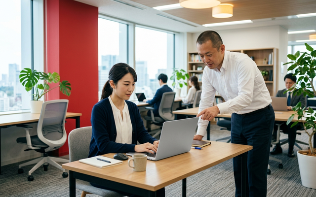 日本人の社員2名がノートPCで社内マニュアルの料金プランを検討している様子