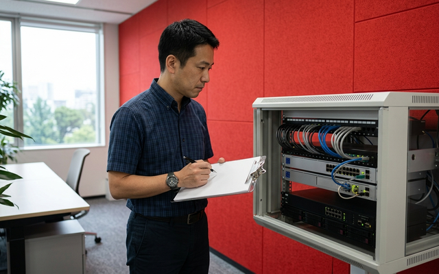年末年始の休暇前に社内のネットワーク機器を確認する情報システム担当者