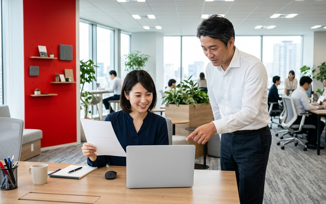 経理担当者が紙の請求書と画面の読み取り結果を照合する様子