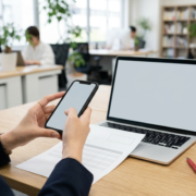 スマートフォンで紙の請求書を読み取り、データ化する様子