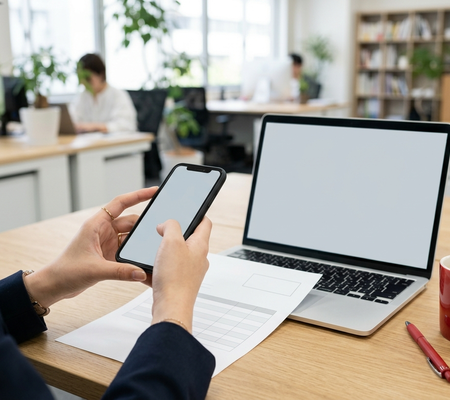 スマートフォンで紙の請求書を読み取り、データ化する様子