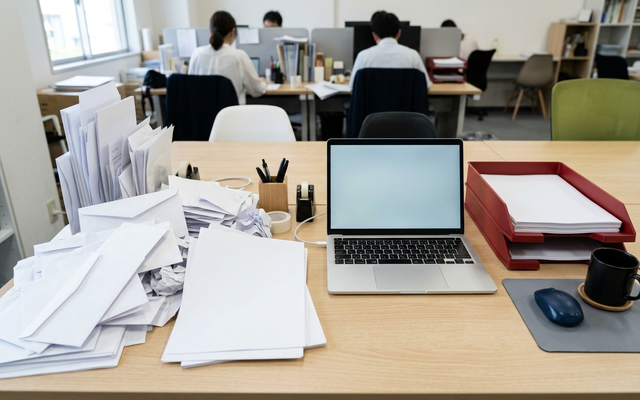 ばらばらに届いた請求書と、1か所に集めて整理されたトレイ