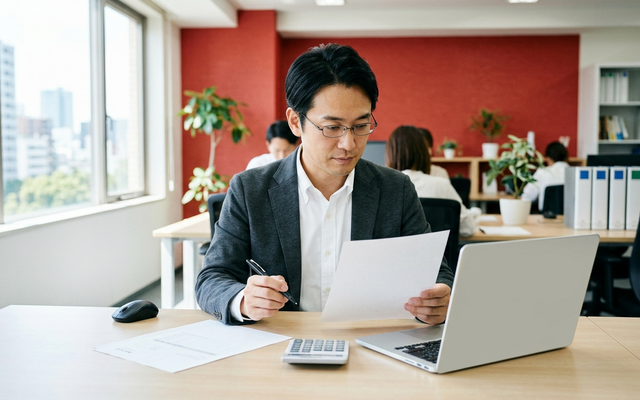 経理担当者が請求書と画面の読み取り結果を照合する様子