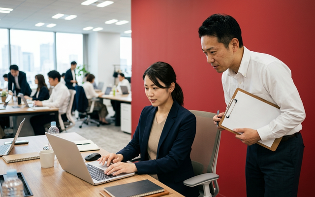 勤怠管理システムの選定を相談している日本人の担当者2名