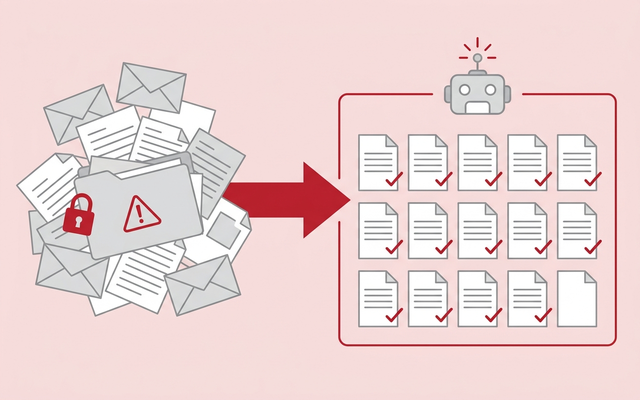 メールで届いた請求書やパスワード付きファイルを、楽楽電子保存のAIが自動で取り込んで整理するイメージ