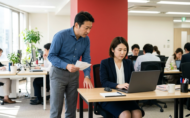 紙の請求書を手に、楽楽電子保存の画面を確認しながら導入を進める日本人の経理担当者