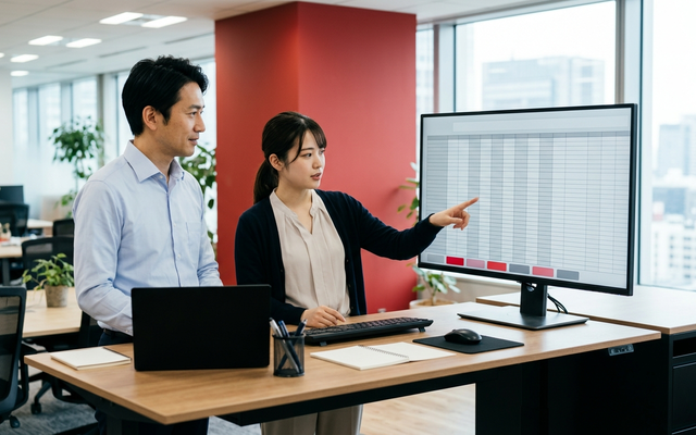 色分けしたシートタブの使い方を確認する上司と部下