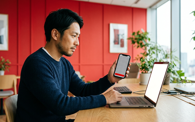 スマホとパソコンでスプレッドシートのタブを操作する社員