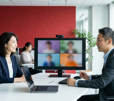 取引先とTeamsでWeb会議をする日本人ビジネスパーソン
