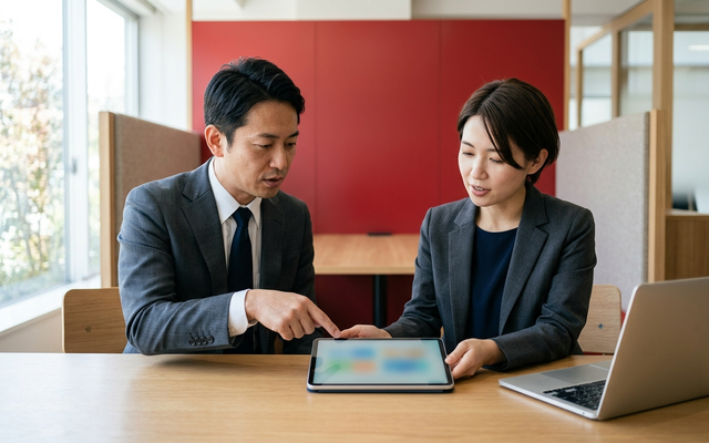 外部アクセスとゲストアクセスの違いを確認する日本人ビジネスパーソン