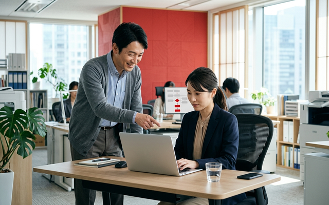 パソコンでWorkspace Studioのフローを確認しながら設定を相談する日本人の社員2名
