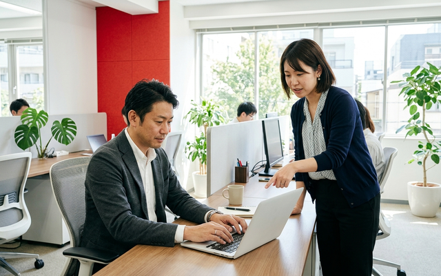 日本人の社員2名がノートPCで業務自動化ツールの料金を検討している様子